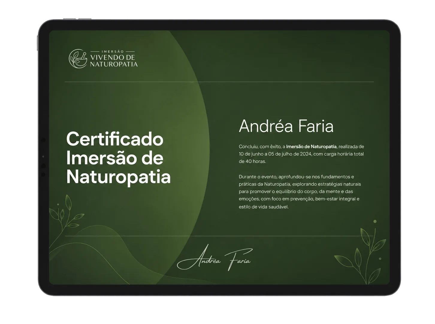 Certificado da Imersão Vivendo de Naturopatia