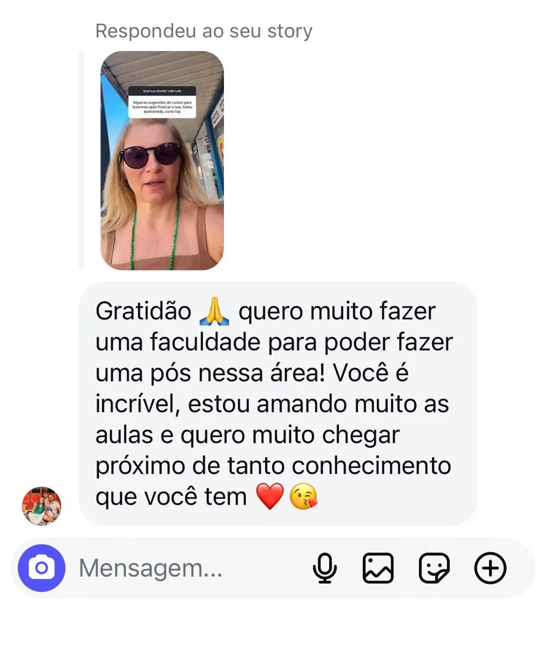 Depoimento de aluna agradecendo o ensino