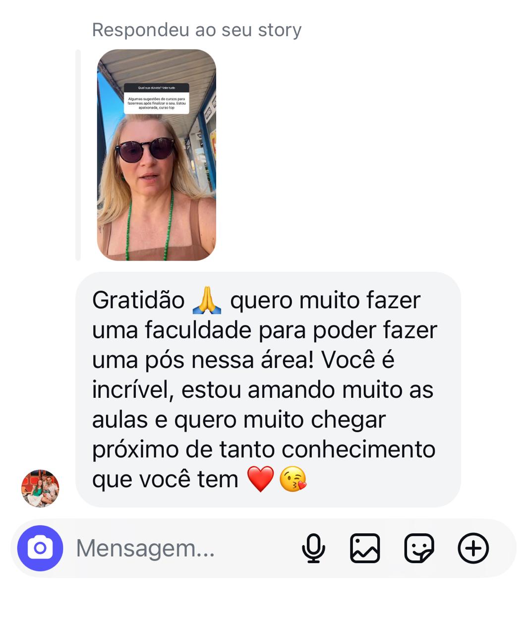 Depoimento de aluna agradecendo o ensino